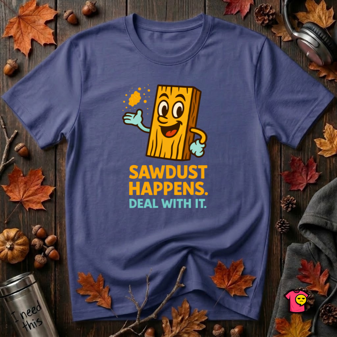 Sawdust Happens sarcastic woodworking t-shirt in Team Navy by Snarky Sarks
