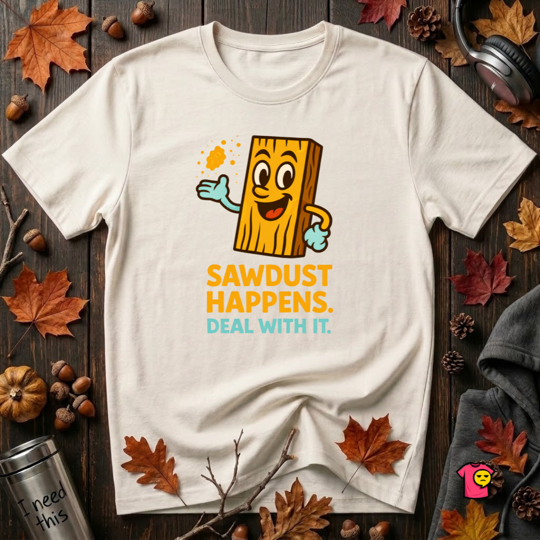 Sawdust Happens sarcastic woodworking t-shirt in White by Snarky Sarks