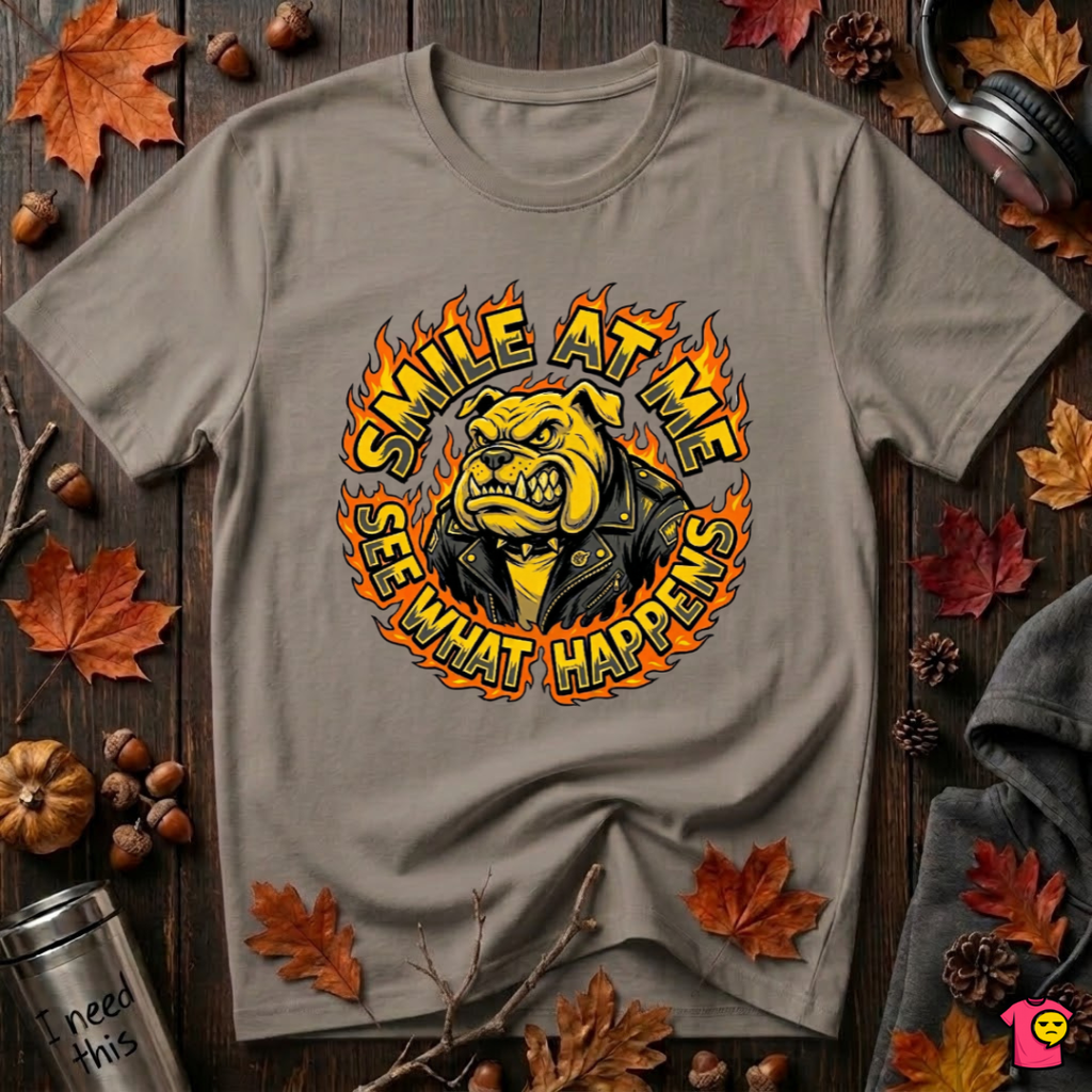 Smile at Me...See What Happens sarcastic graphic t-shirt in Asphalt by Snarky Sarks