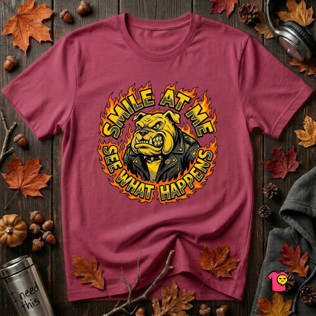 Smile at Me...See What Happens sarcastic graphic t-shirt in Cardinal by Snarky Sarks