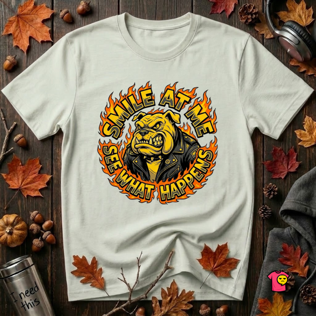 Smile at Me...See What Happens sarcastic graphic t-shirt in Citron by Snarky Sarks