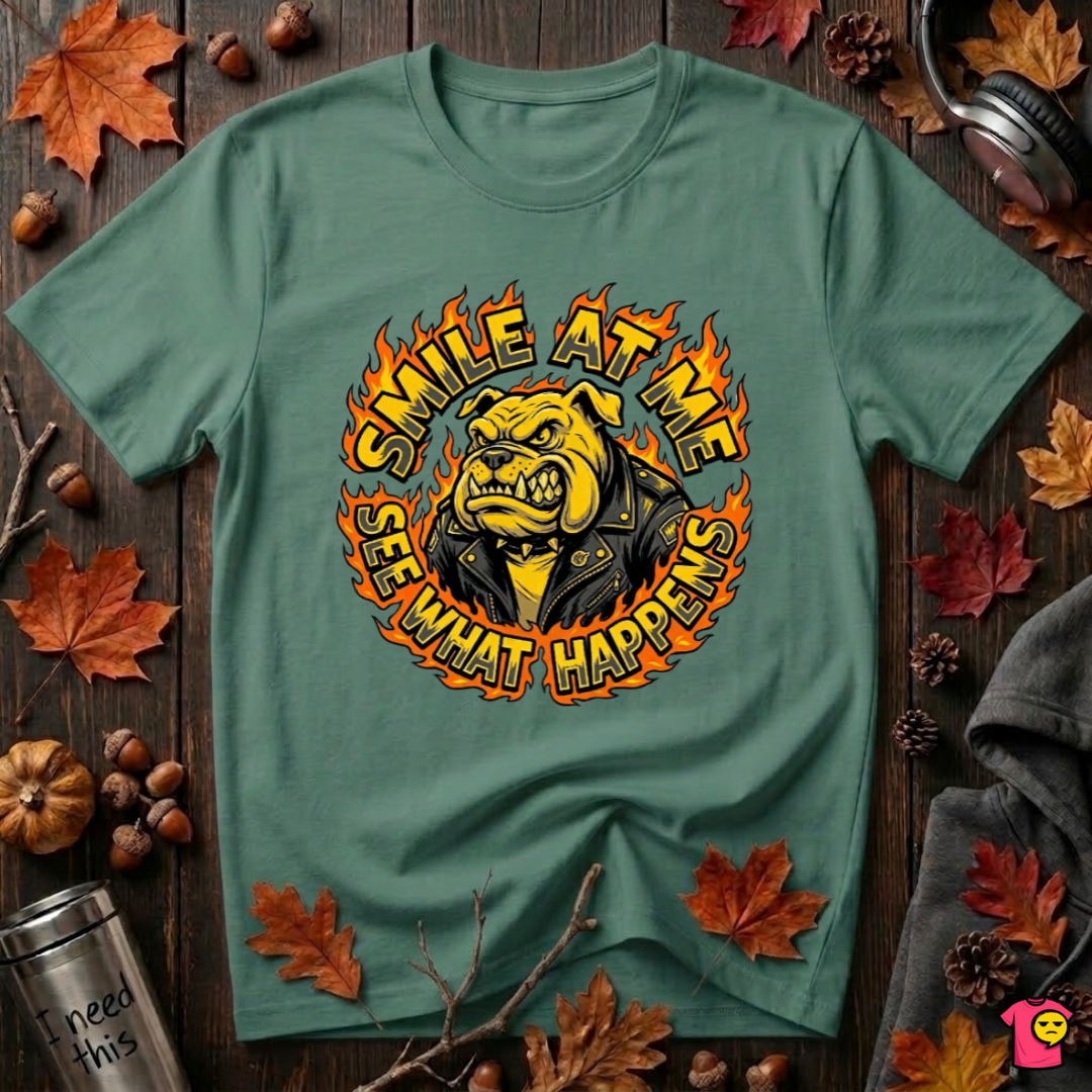 Smile at Me...See What Happens sarcastic graphic t-shirt in Grass Green by Snarky Sarks