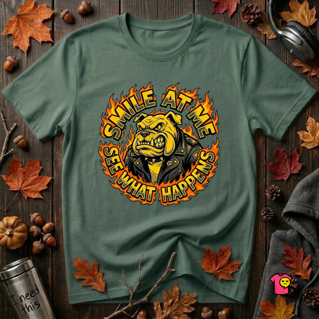 Smile at Me...See What Happens sarcastic graphic t-shirt in Heather Forest by Snarky Sarks