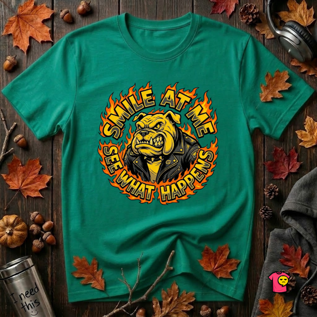 Smile at Me...See What Happens sarcastic graphic t-shirt in Heather Kelly by Snarky Sarks