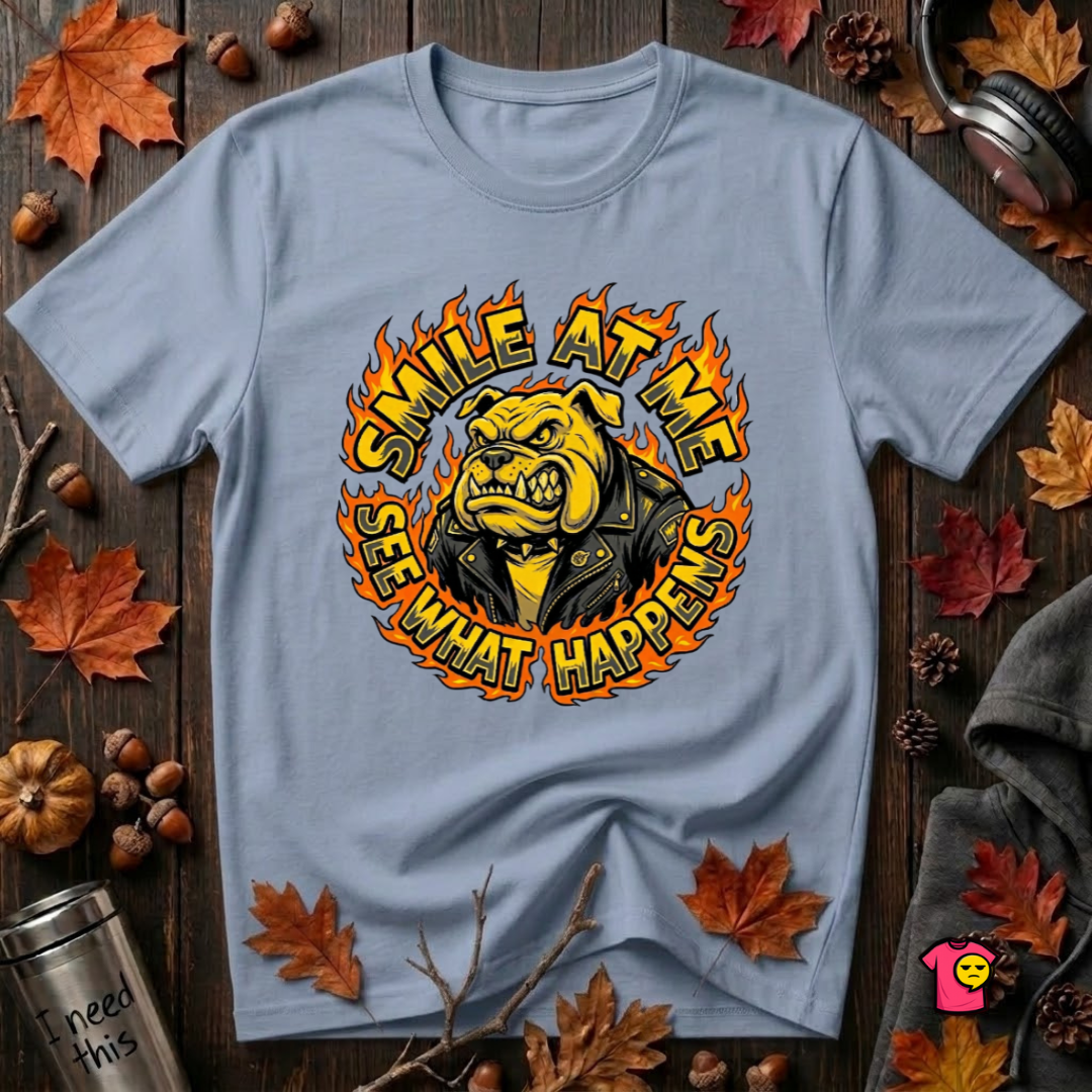 Smile at Me...See What Happens sarcastic graphic t-shirt in Heather Prism Blue by Snarky Sarks