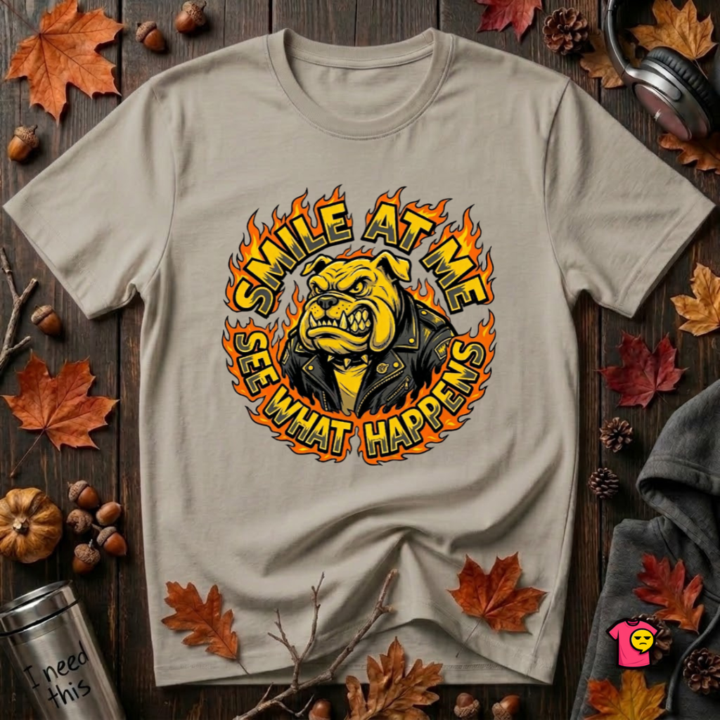 Smile at Me...See What Happens sarcastic graphic t-shirt in Heather Stone by Snarky Sarks