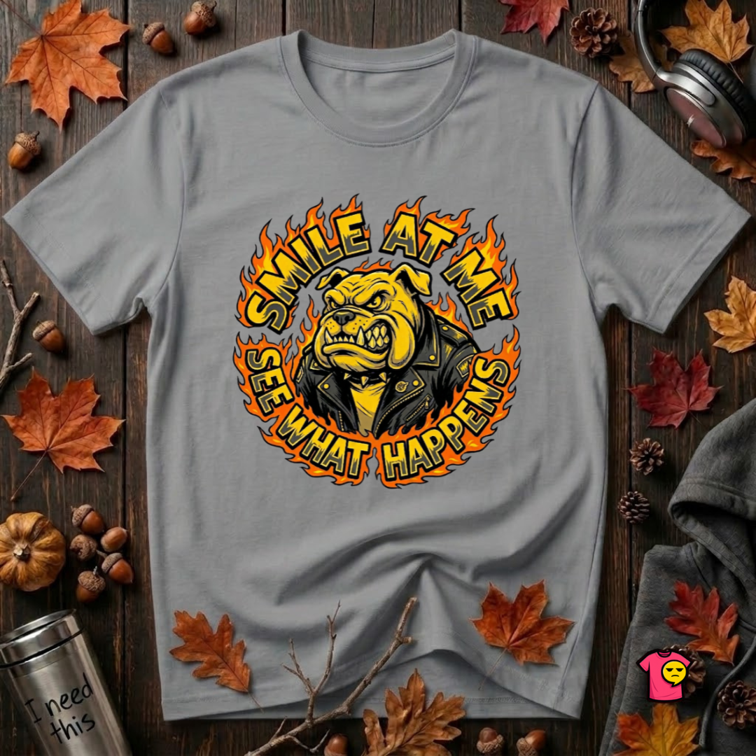 Smile at Me...See What Happens sarcastic graphic t-shirt in Heather Storm by Snarky Sarks