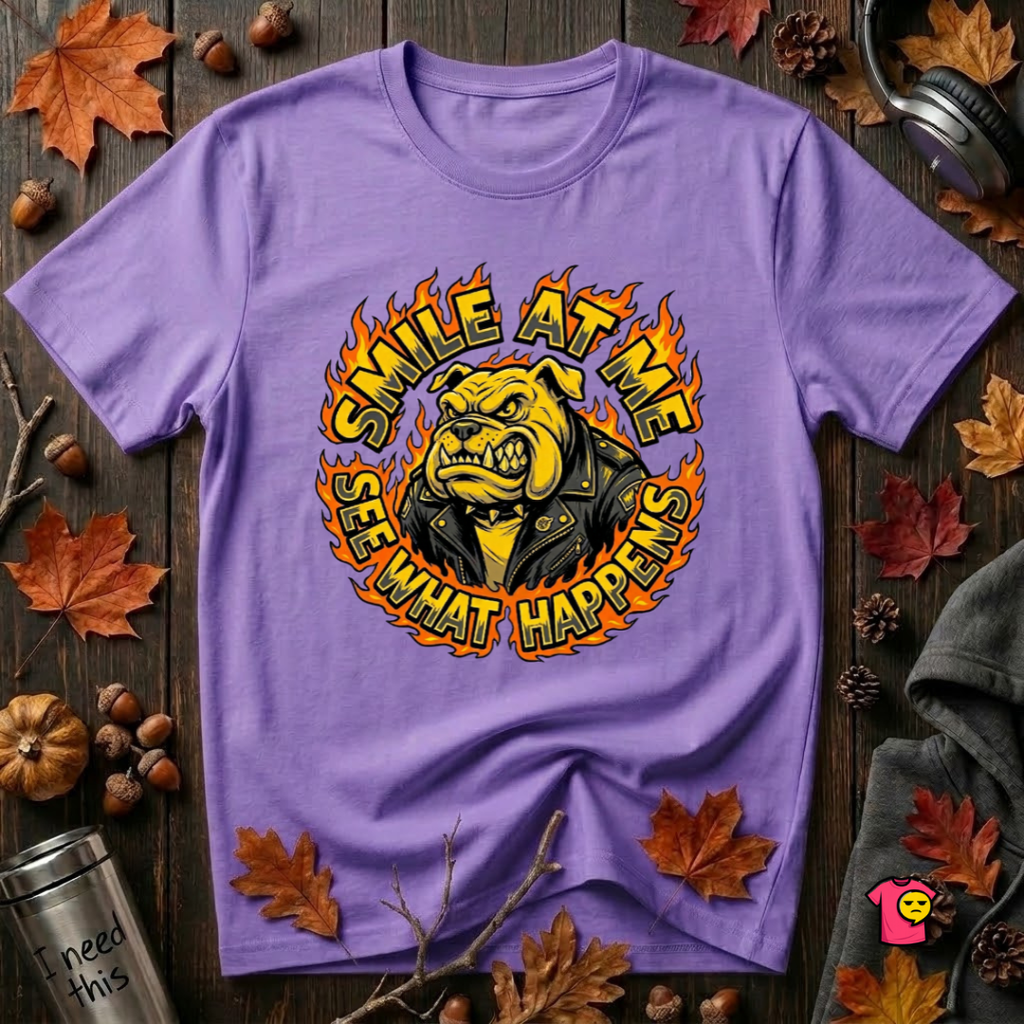 Smile at Me...See What Happens sarcastic graphic t-shirt in Heather Team Purple by Snarky Sarks