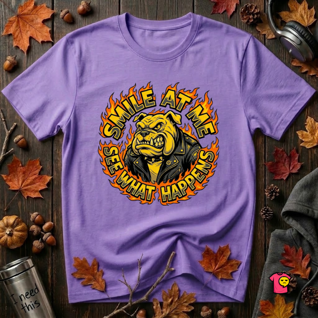 Smile at Me...See What Happens sarcastic graphic t-shirt in Heather Team Purple by Snarky Sarks
