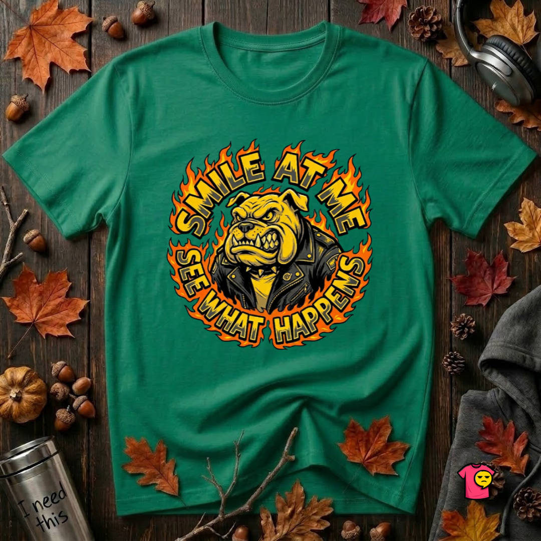 Smile at Me...See What Happens sarcastic graphic t-shirt in Kelly by Snarky Sarks