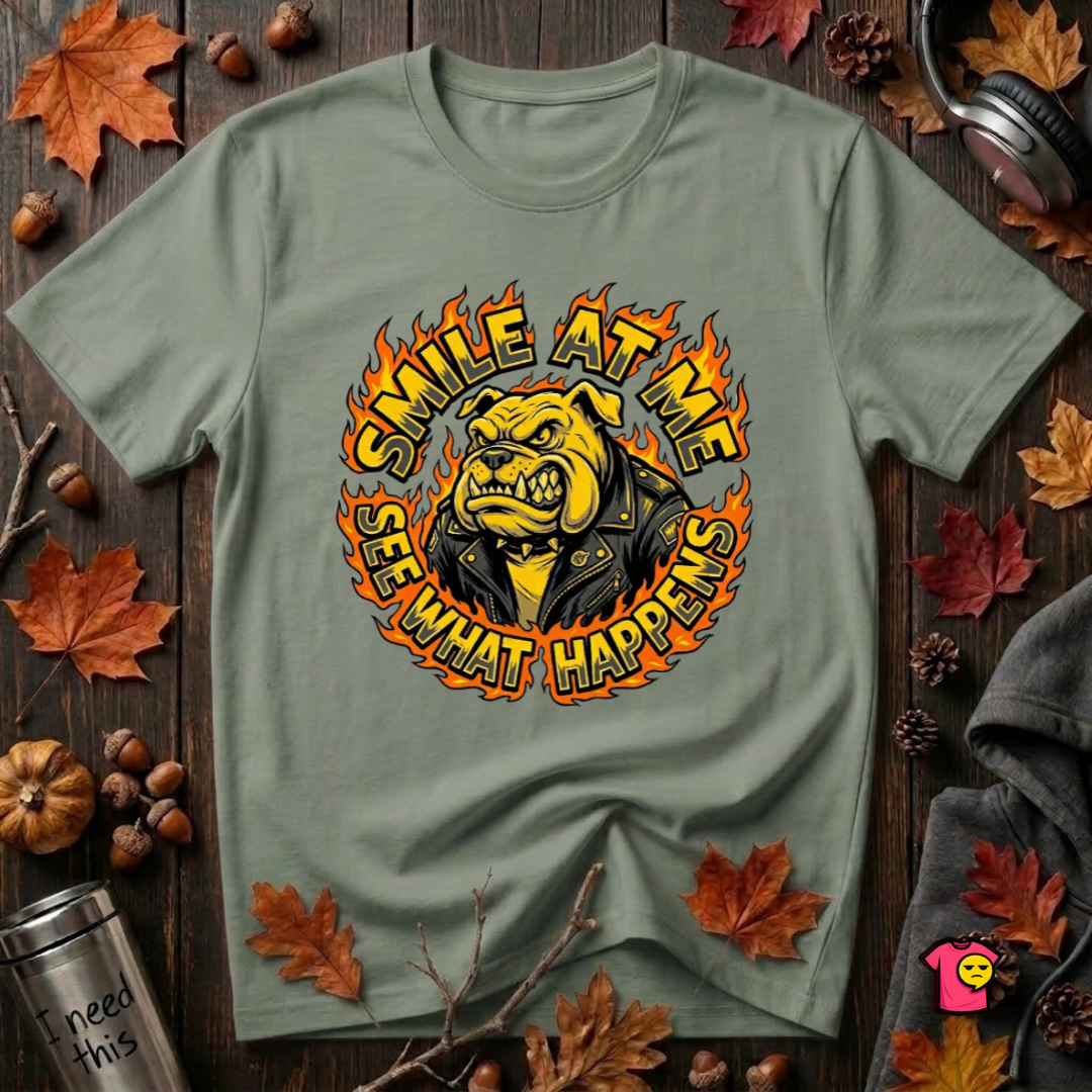 Smile at Me...See What Happens sarcastic graphic t-shirt in Military Green by Snarky Sarks
