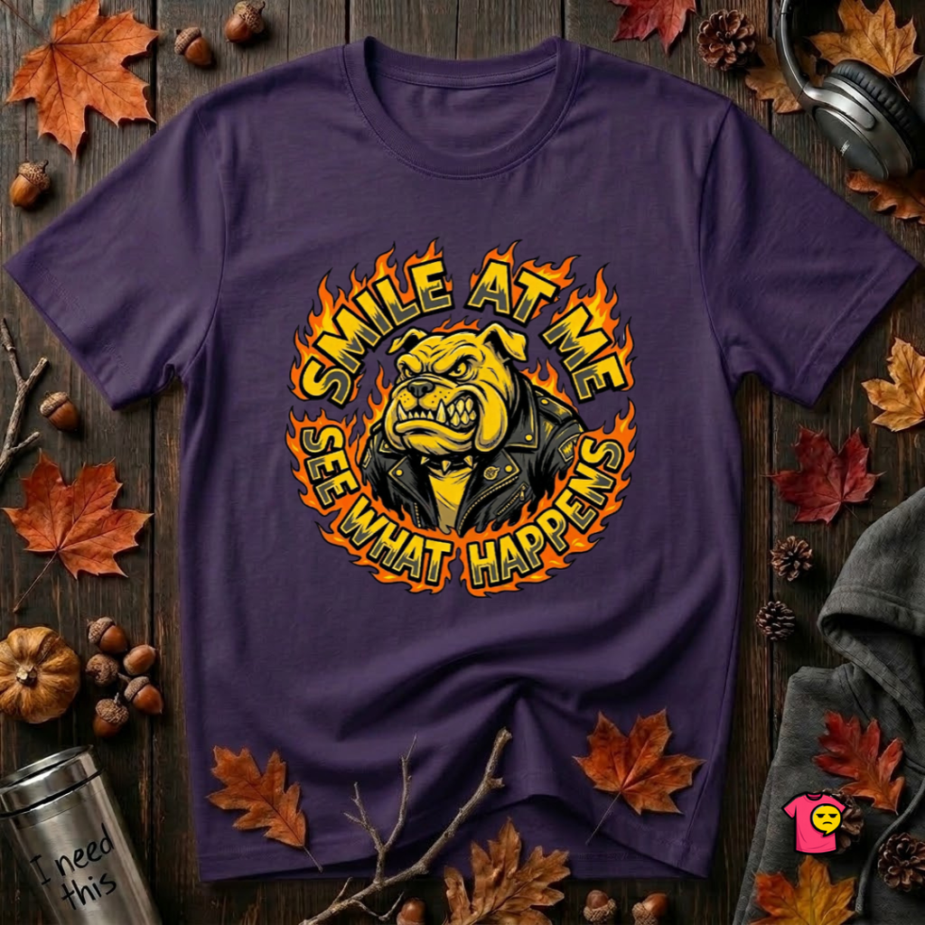 Smile at Me...See What Happens sarcastic graphic t-shirt in Purple by Snarky Sarks