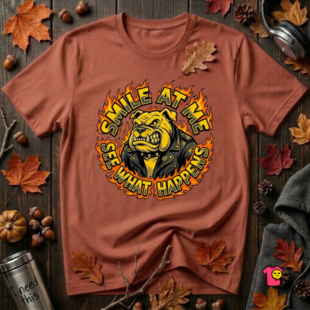 Smile at Me...See What Happens sarcastic graphic t-shirt in Rust by Snarky Sarks