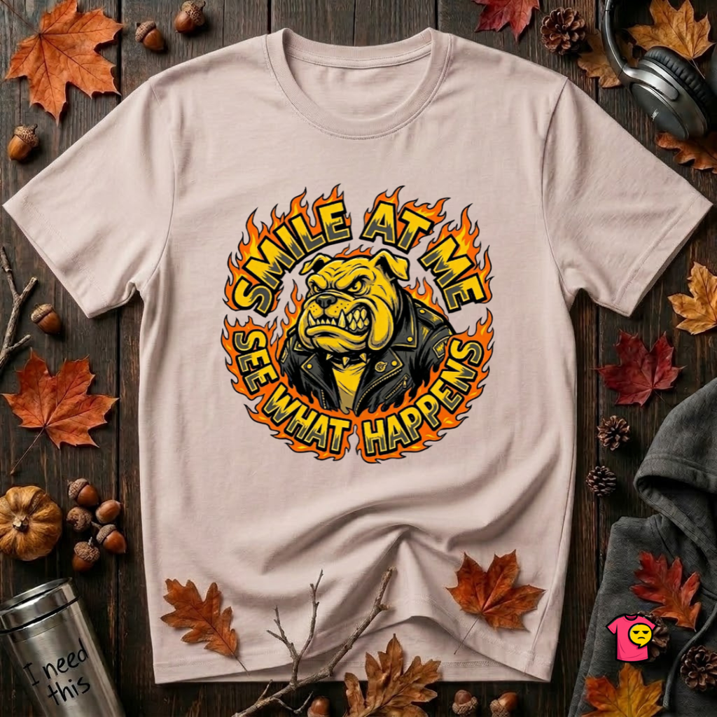Smile at Me...See What Happens sarcastic graphic t-shirt in Soft Pink by Snarky Sarks