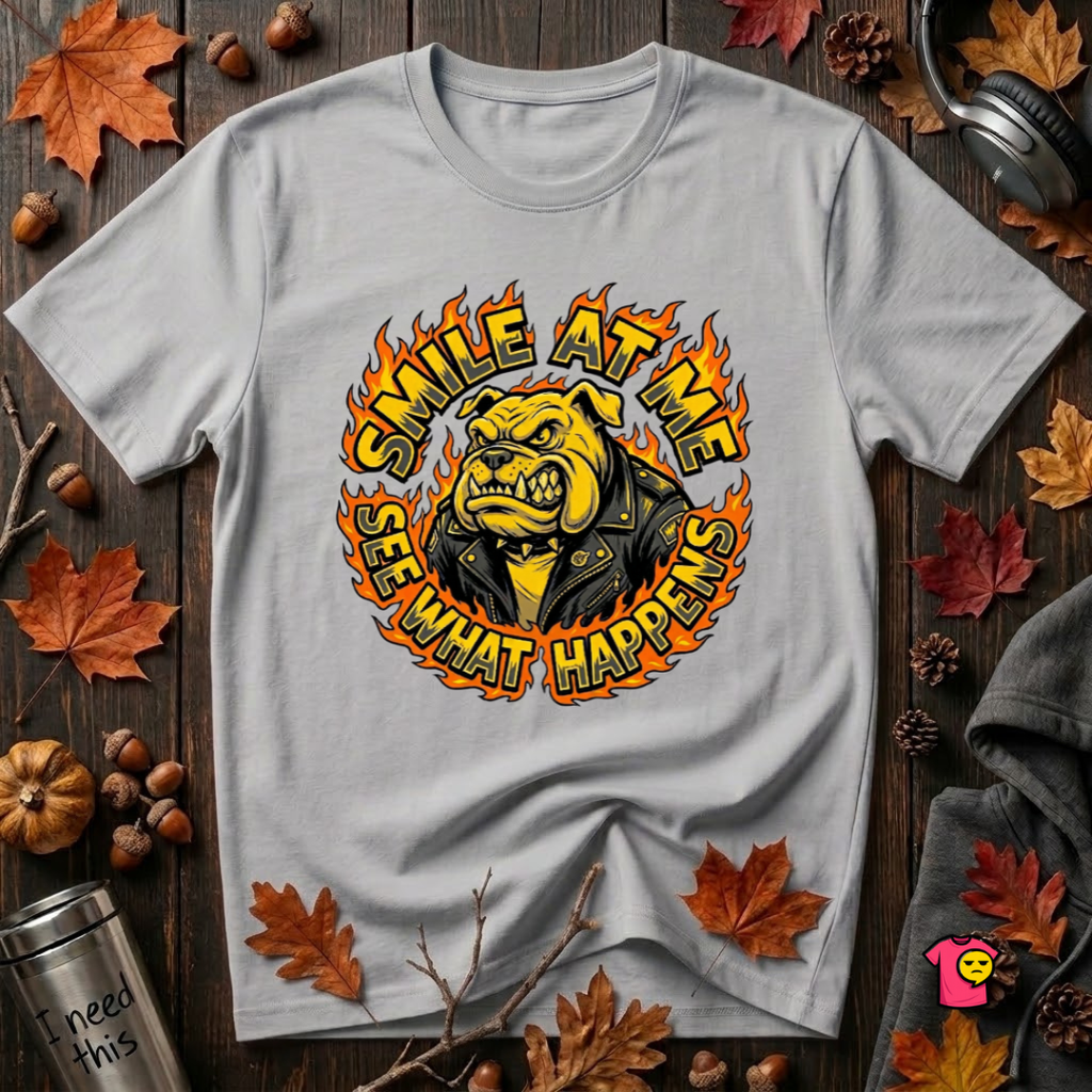 Smile at Me...See What Happens sarcastic graphic t-shirt in Solid Athletic Gray by Snarky Sarks
