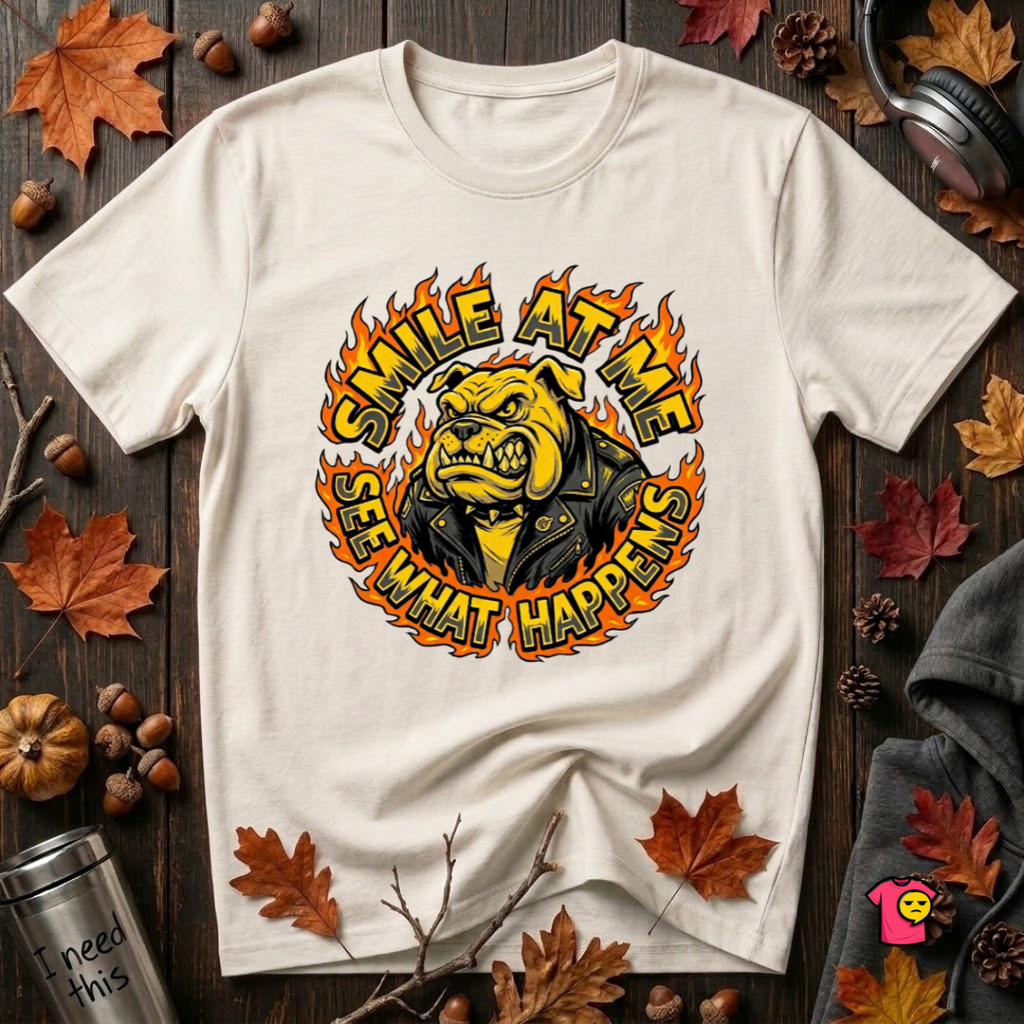 Smile at Me...See What Happens sarcastic graphic t-shirt in White by Snarky Sarks