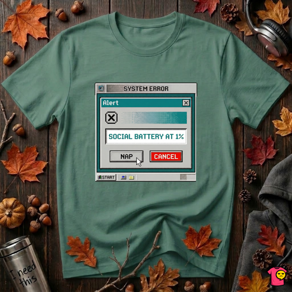 Social Battery at 1% sarcastic graphic t-shirt in Grass Green by Snarky Sarks