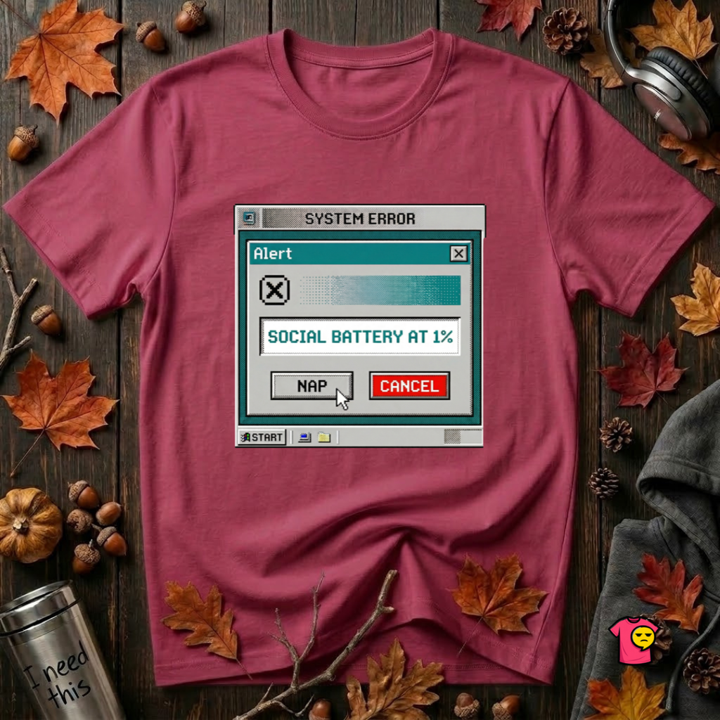 Social Battery at 1% sarcastic graphic t-shirt in Cardinal by Snarky Sarks