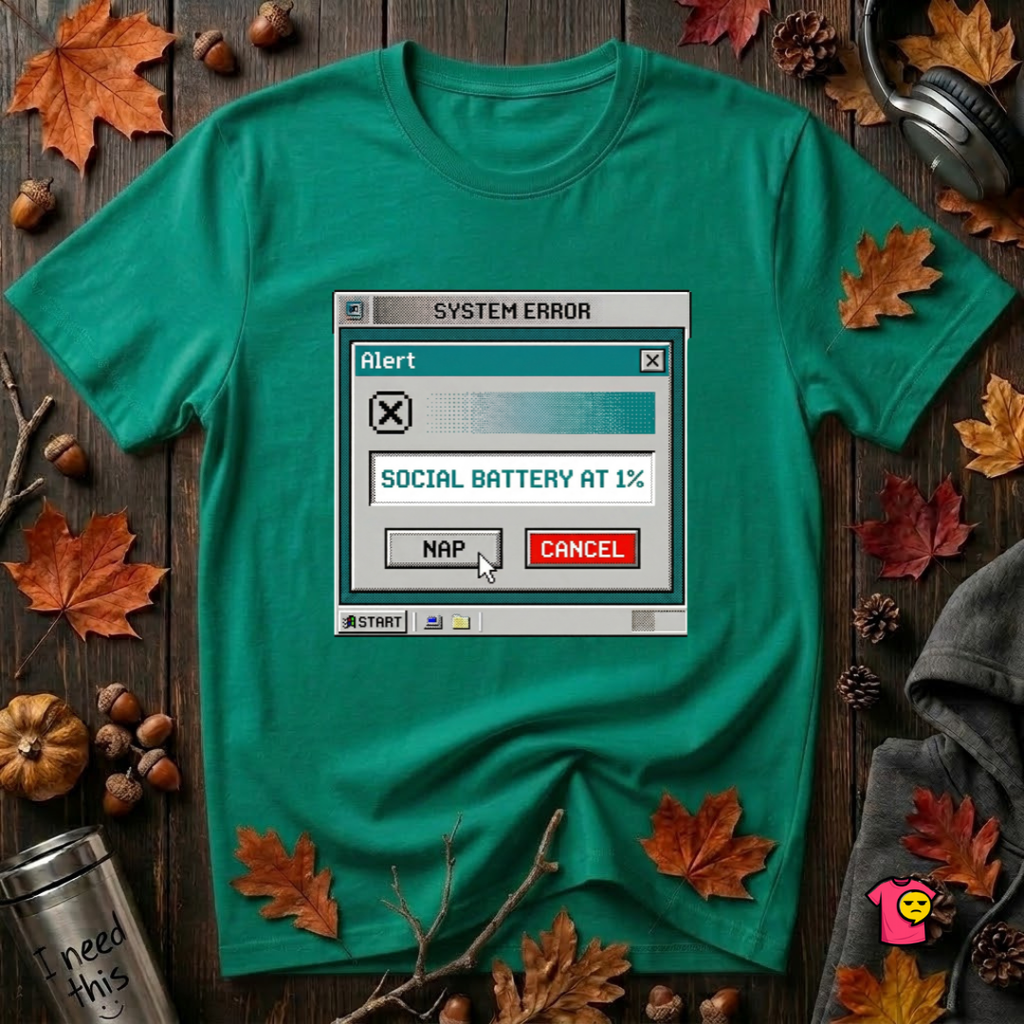 Social Battery at 1% sarcastic graphic t-shirt in Heather Kelly by Snarky Sarks