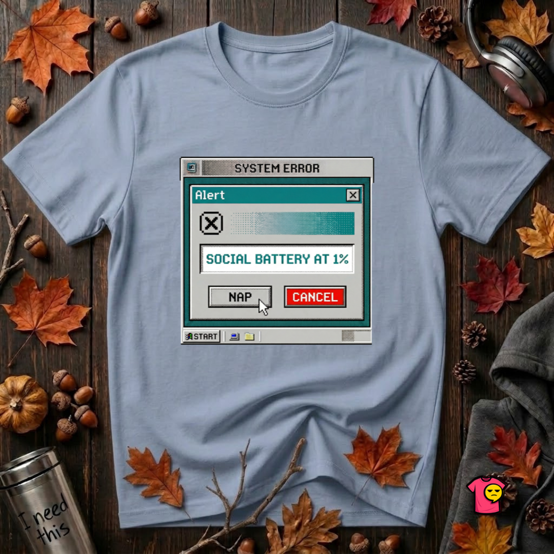 Social Battery at 1% sarcastic graphic t-shirt in Heather Prism Blue by Snarky Sarks