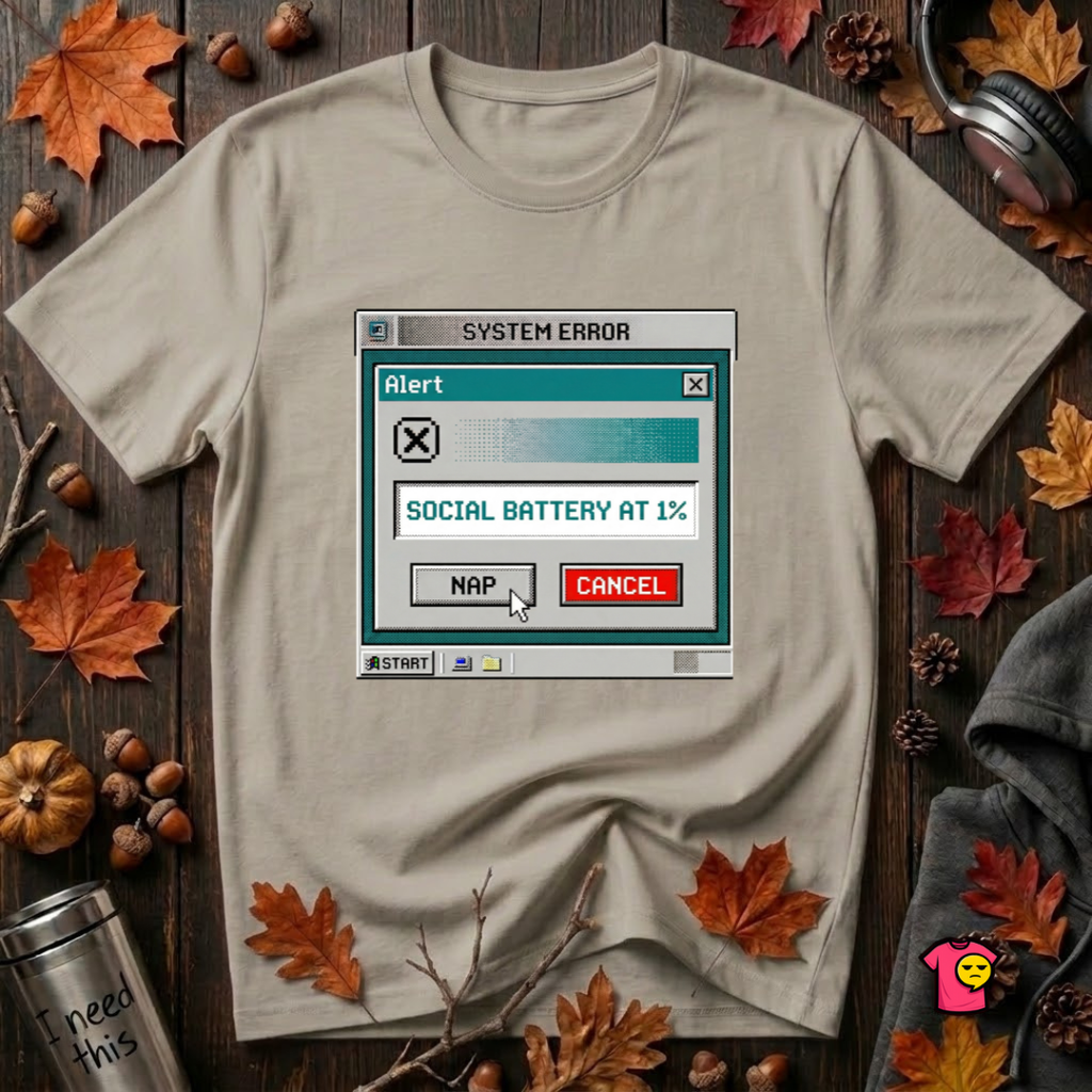 Social Battery at 1% sarcastic graphic t-shirt in Heather Stone by Snarky Sarks
