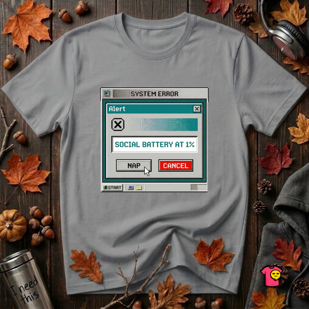 Social Battery at 1% sarcastic graphic t-shirt in Heather Storm by Snarky Sarks