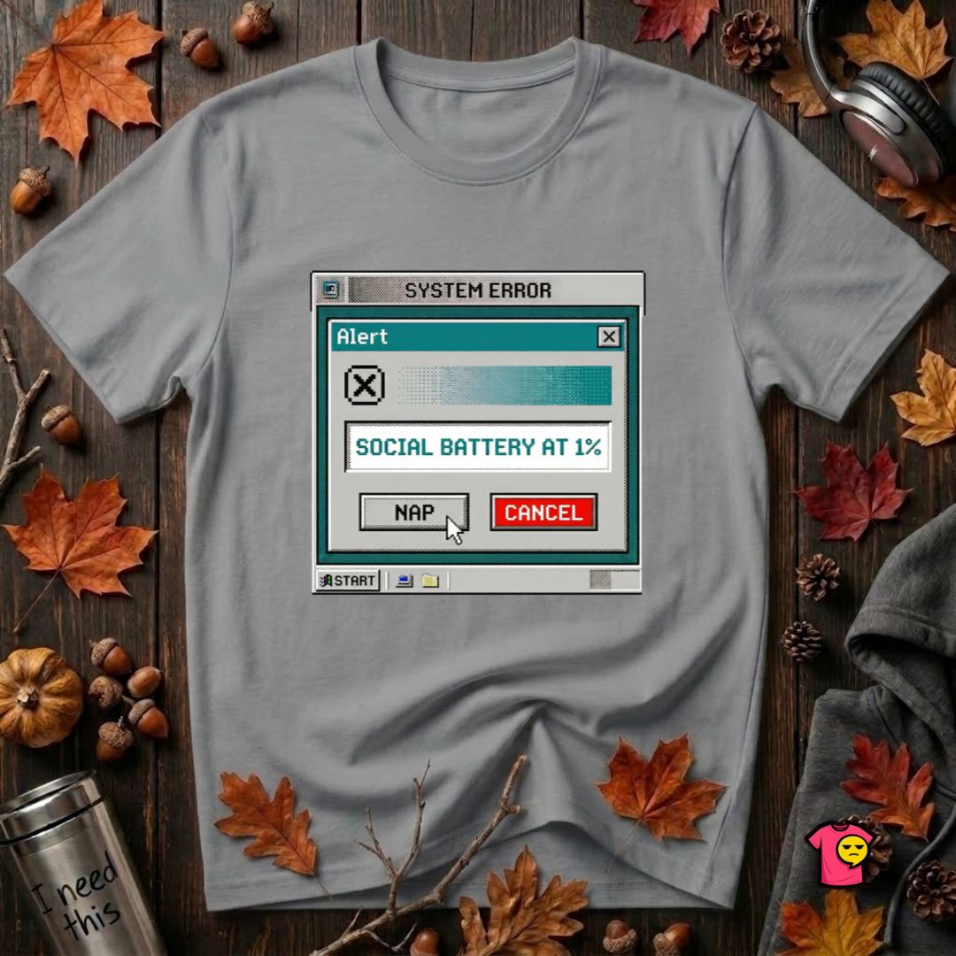 Social Battery at 1% sarcastic graphic t-shirt in Heather Storm by Snarky Sarks