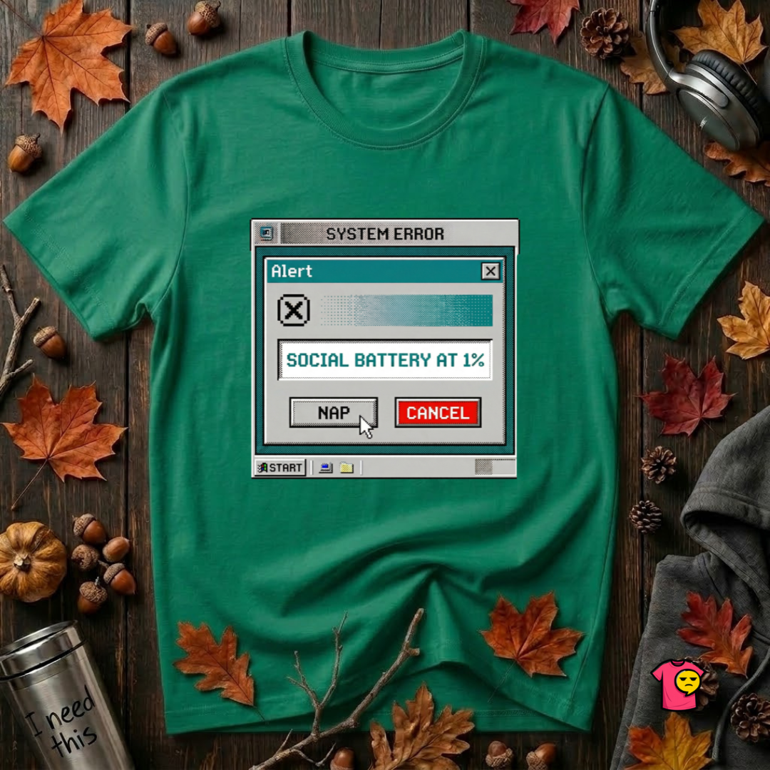 Social Battery at 1% sarcastic graphic t-shirt in Kelly by Snarky Sarks