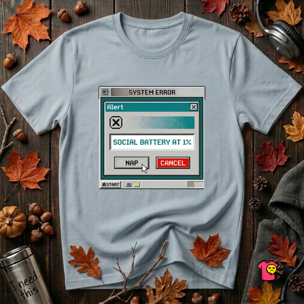 Social Battery at 1% sarcastic graphic t-shirt in Light Blue by Snarky Sarks