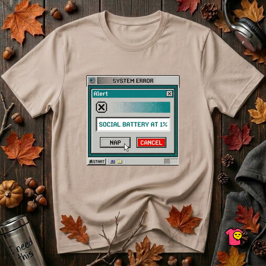 Social Battery at 1% sarcastic graphic t-shirt in Natural by Snarky Sarks