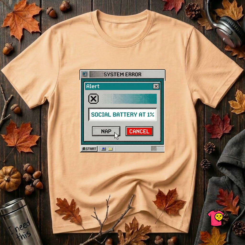 Social Battery at 1% sarcastic graphic t-shirt in Peach by Snarky Sarks