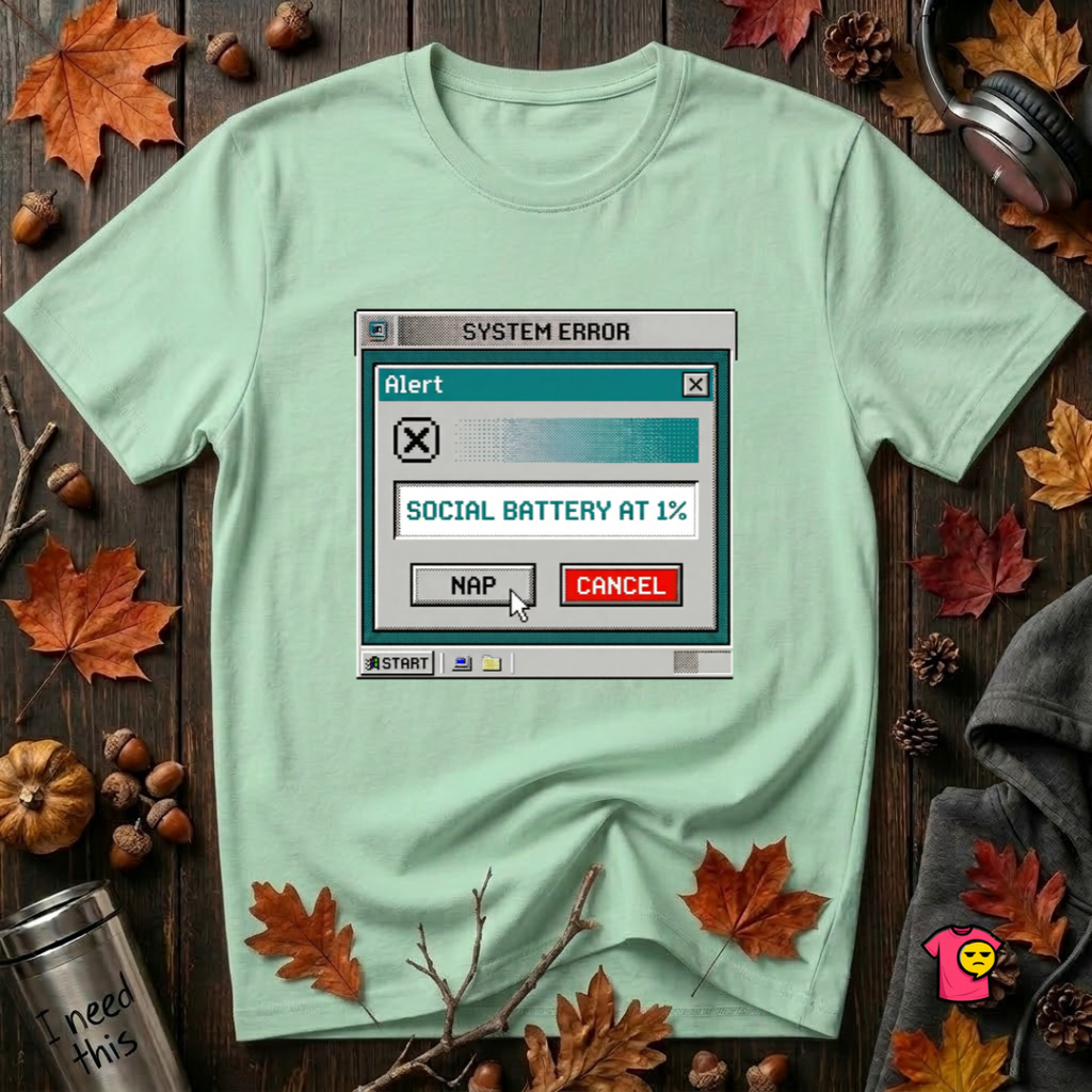 Social Battery at 1% sarcastic graphic t-shirt in Mint by Snarky Sarks