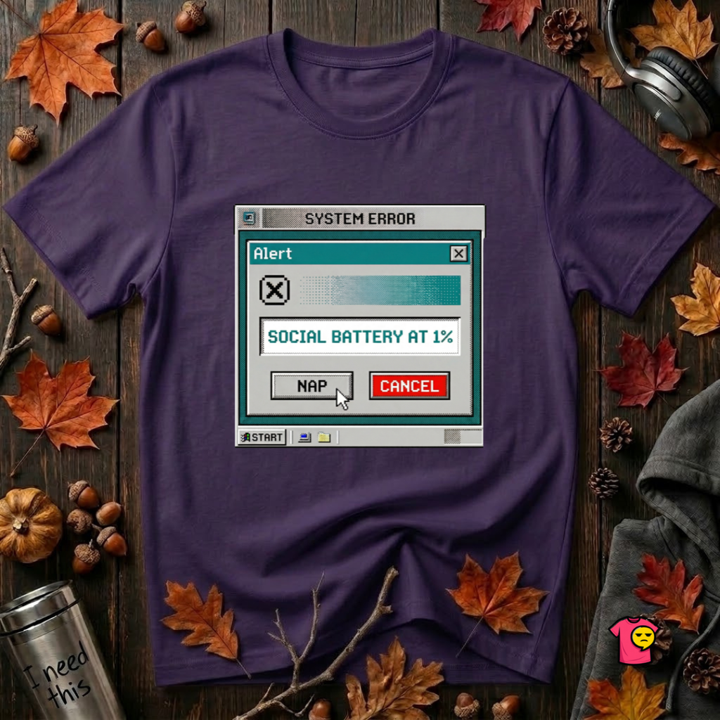 Social Battery at 1% sarcastic graphic t-shirt in Purple by Snarky Sarks