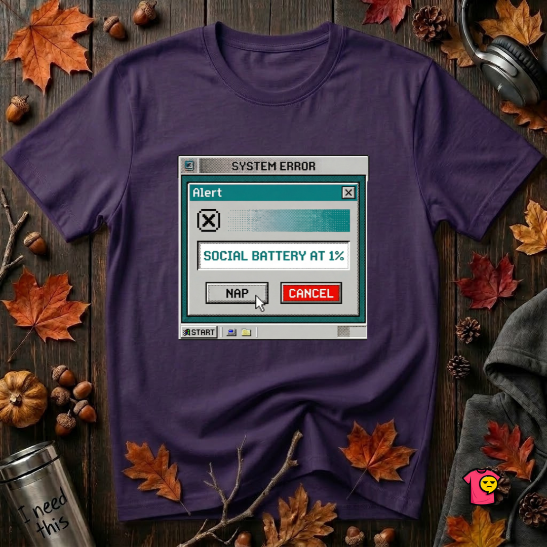 Social Battery at 1% sarcastic graphic t-shirt in Purple by Snarky Sarks