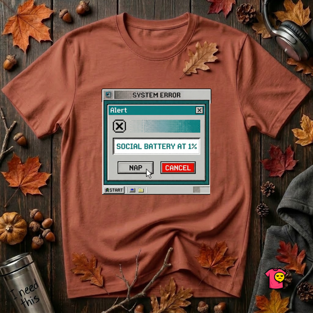 Social Battery at 1% sarcastic graphic t-shirt in Rust by Snarky Sarks