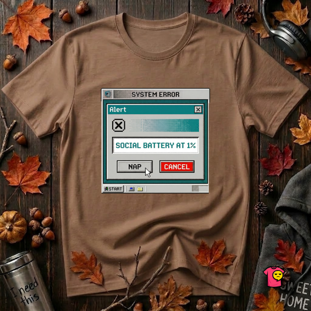 Social Battery at 1% sarcastic graphic t-shirt in Sand Dune by Snarky Sarks