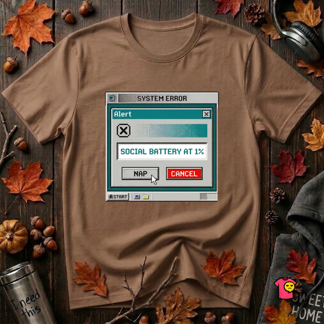 Social Battery at 1% sarcastic graphic t-shirt in Sand Dune by Snarky Sarks