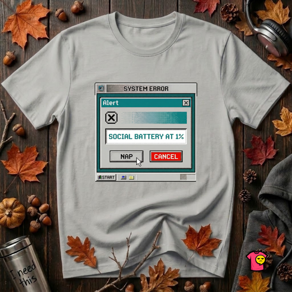 Social Battery at 1% sarcastic graphic t-shirt in Silver by Snarky Sarks