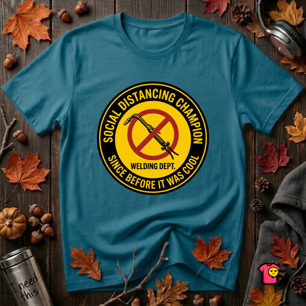 Social Distancing Champion sarcastic graphic t-shirt in Deep Teal by Snarky Sarks