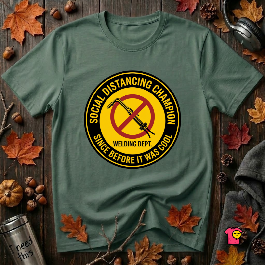 Social Distancing Champion sarcastic graphic t-shirt in Heather Forest by Snarky Sarks