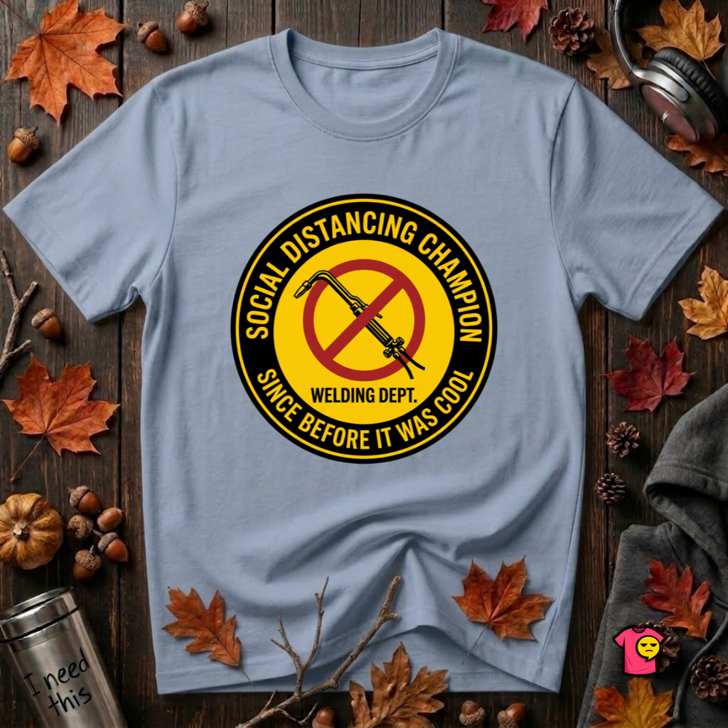 Social Distancing Champion sarcastic graphic t-shirt in Heather Prism Blue by Snarky Sarks