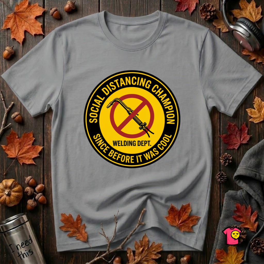 Social Distancing Champion sarcastic graphic t-shirt in Heather Storm by Snarky Sarks