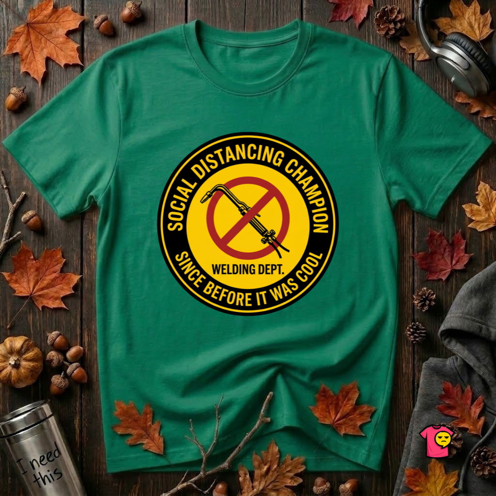 Social Distancing Champion sarcastic graphic t-shirt in Kelly by Snarky Sarks
