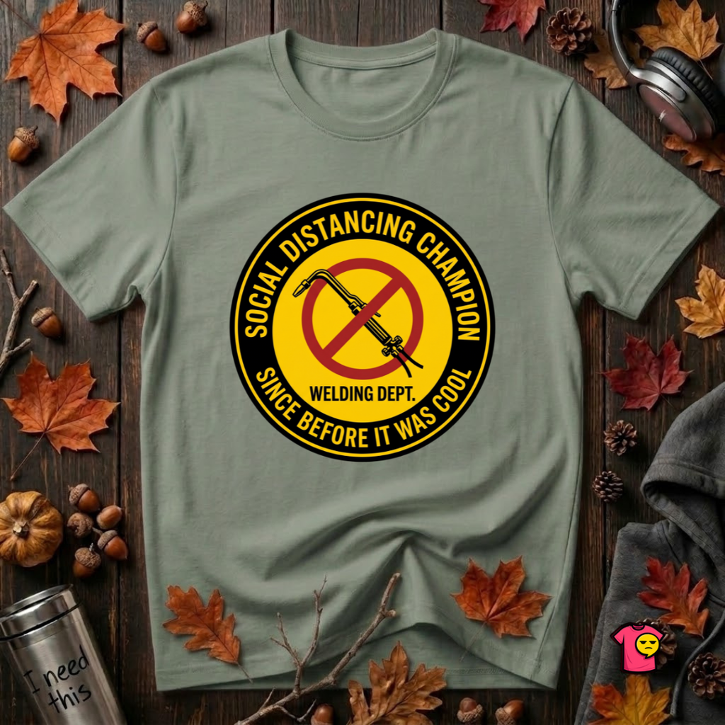 Social Distancing Champion sarcastic graphic t-shirt in Military Green by Snarky Sarks