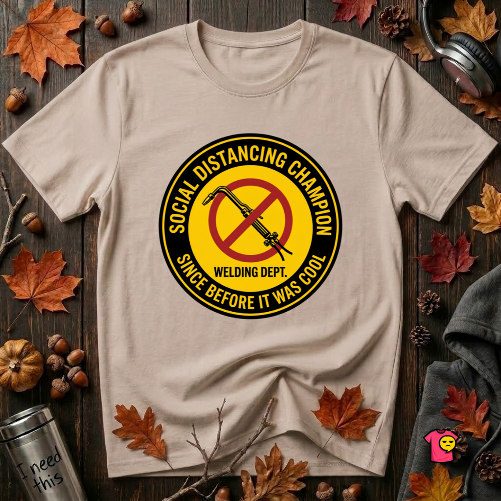 Social Distancing Champion sarcastic graphic t-shirt in Natural by Snarky Sarks