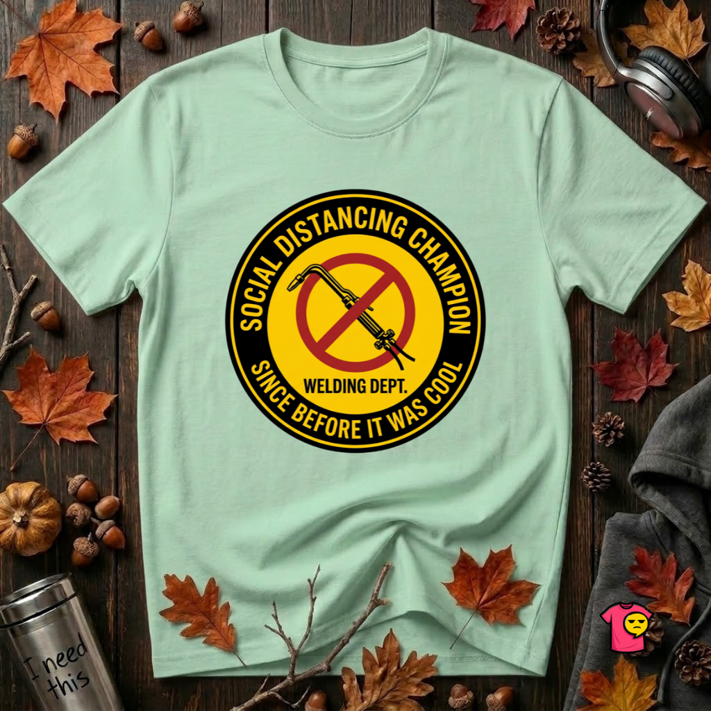 Social Distancing Champion sarcastic graphic t-shirt in Mint by Snarky Sarks