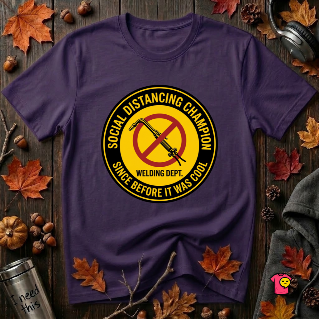 Social Distancing Champion sarcastic graphic t-shirt in Purple by Snarky Sarks