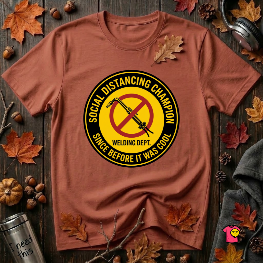 Social Distancing Champion sarcastic graphic t-shirt in Rust by Snarky Sarks