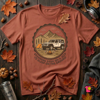 Spend 55K to Sleep on the Ground sarcastic camping t-shirt in Rust by Snarky Sarks