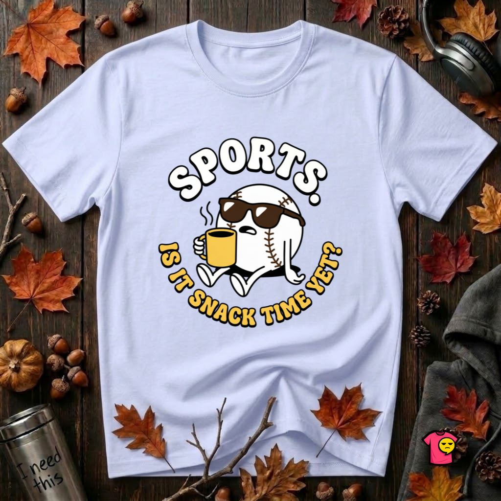 Sports. Is it Snack Time Yet? sarcastic graphic t-shirt in Ash by Snarky Sarks